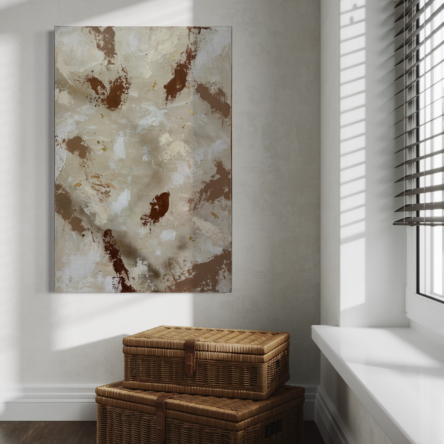 Au Neutral textured abstract painting displayed in a bright modern interior, showcasing its calming neutral color palette.