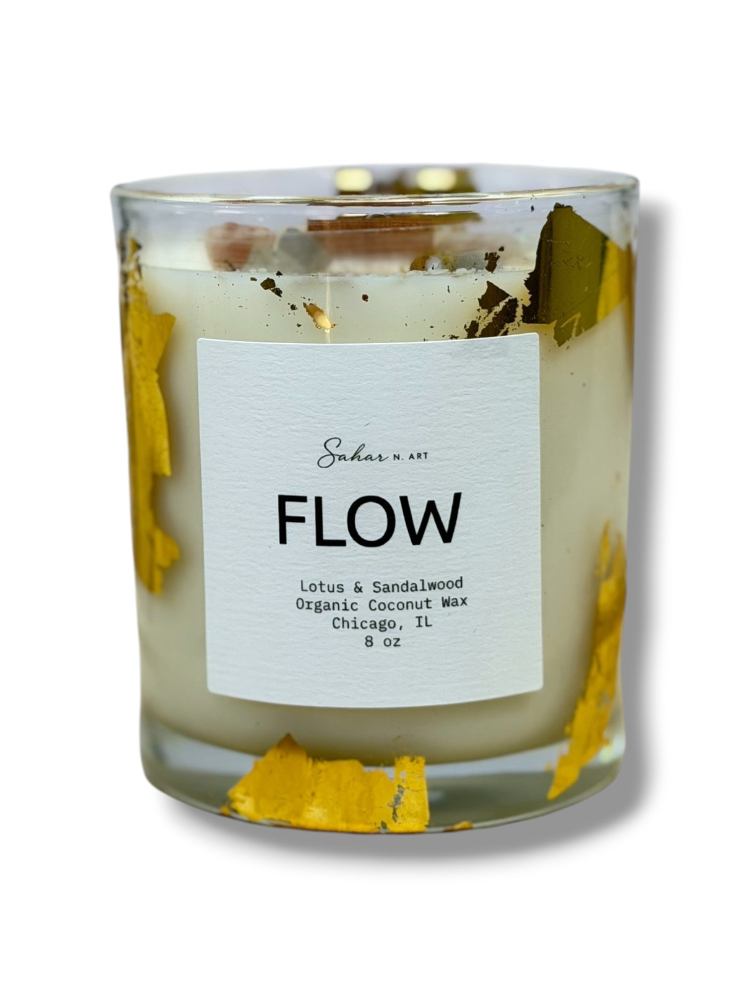 Flow crystal-infused candle with lotus and sandalwood fragrance created to inspire creativity, imagination, and artistic flow.