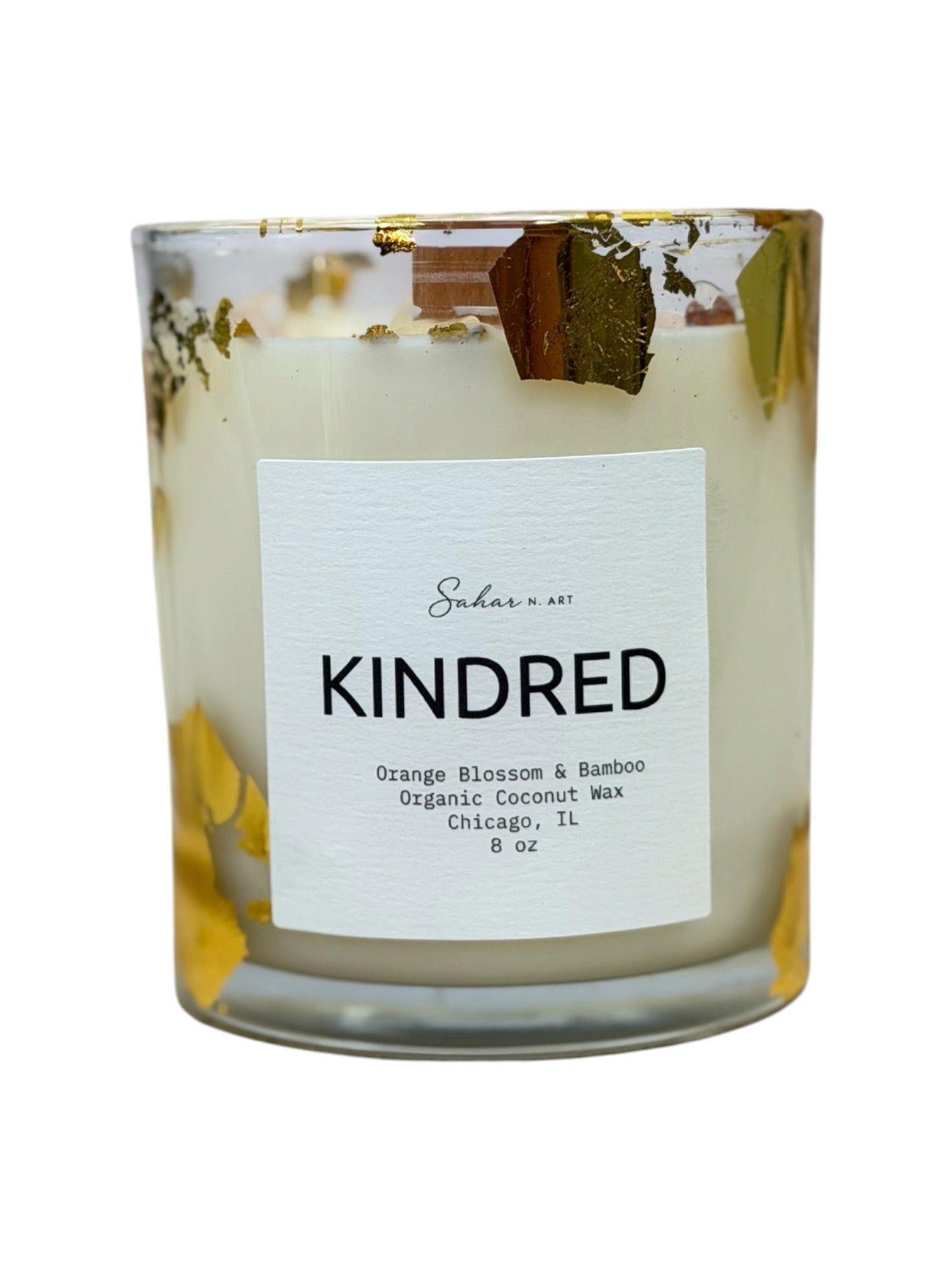 Kindred crystal-infused candle with orange blossom, pomegranate, and cotton fragrance created for connection and friendship.