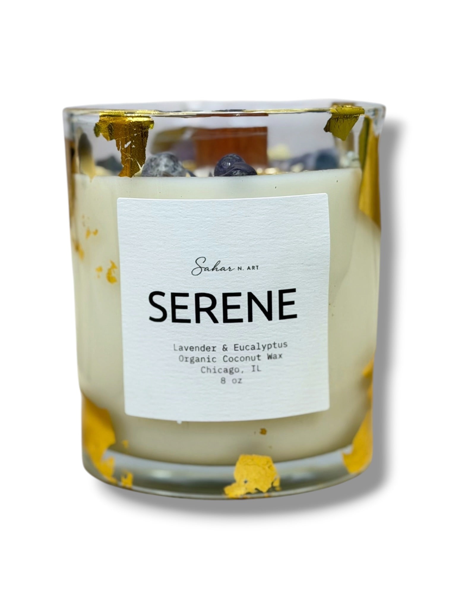 Serene crystal-infused candle with lavender, eucalyptus, and sea salt fragrance created for relaxation, rest, and calm.